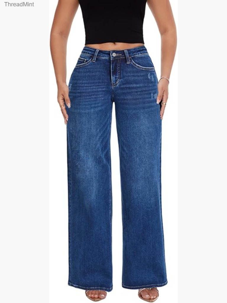 Mid-Low Rise Wide Leg Baggy Jeans Stretchy Denim Pants Women's Comfortable